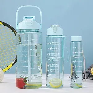 3-in-1 Transparent Water Bottle Set – 2000ML, 900ML & 300ML with Motivational Time Markers | Leakproof Gym & Travel Bottles