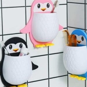 Penguin Storage Box Wall Mounted Storage Holder Penguin Shape Storage Box Toothpaste Holder Makeup Brush Holder Cartoon Shelf Pencil Holder Charger Office Wall Plastic Holder