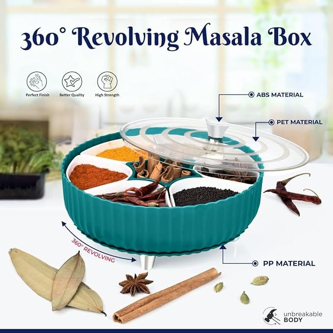 Masala Box – 7 Section Spices Storage Containers 360° Revolving Elegant Spice & Rangoli Dabba Box Set for Kitchen, Dabba Storage Container Unique Portable Masala Box