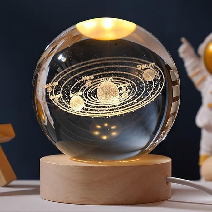 3D Galaxys Crystal Ball, Night Lamp, Creative Engraved Crystal Ball Night Light, USB Table LED Wooden Crystal Ball for Home Decoration Birthday Gift for Teens, Boys, Girls