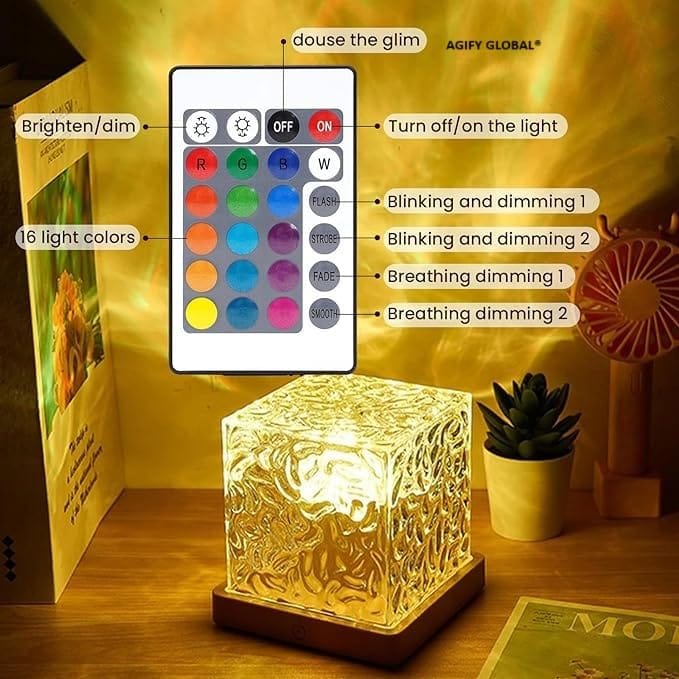 Dynamic Rotating Water Ripple Night Light, Colour Changing Crystal Lamp with Remote