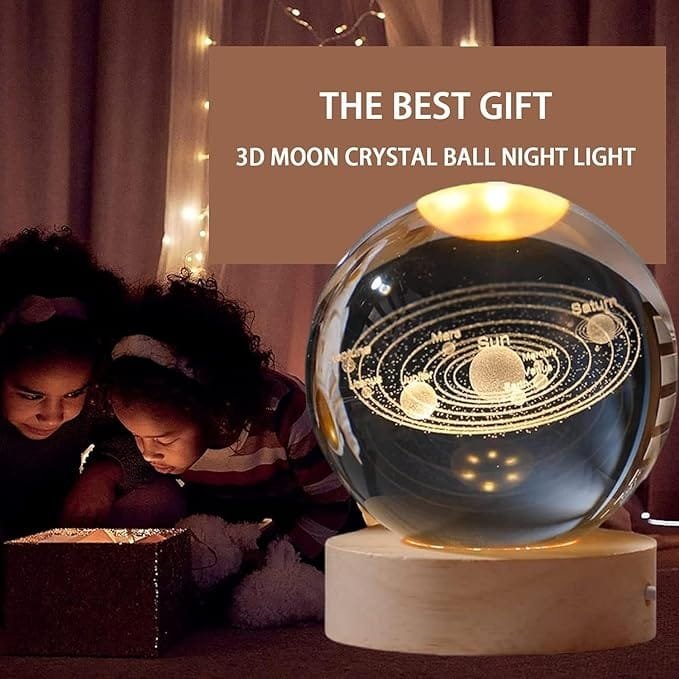 3D Galaxys Crystal Ball, Night Lamp, Creative Engraved Crystal Ball Night Light, USB Table LED Wooden Crystal Ball for Home Decoration Birthday Gift for Teens, Boys, Girls