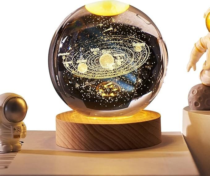 3D Galaxys Crystal Ball, Night Lamp, Creative Engraved Crystal Ball Night Light, USB Table LED Wooden Crystal Ball for Home Decoration Birthday Gift for Teens, Boys, Girls