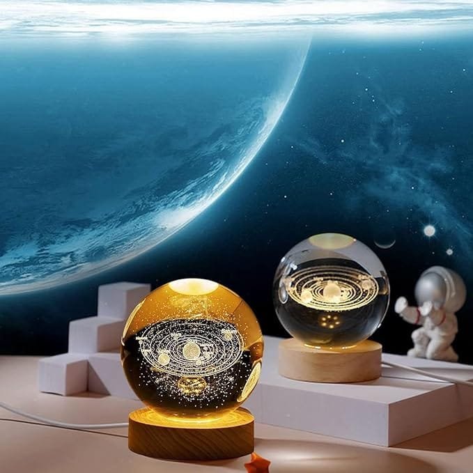 3D Galaxys Crystal Ball, Night Lamp, Creative Engraved Crystal Ball Night Light, USB Table LED Wooden Crystal Ball for Home Decoration Birthday Gift for Teens, Boys, Girls