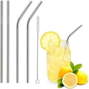 Reusables Stainless Steel Straw with Cleaning Brush- Long Metal Straws for Drinking, Set of 5 (2- Bend Pipe, 2- Long Straw, 1-Cleaning Brush), Silver,(pack of 1).
