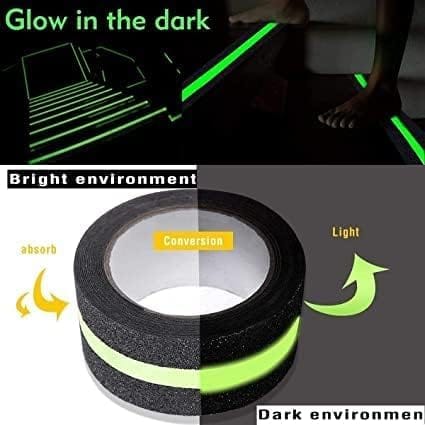 Anti Slip Traction Tape with Glow in Dark Green Stripe, Best Grip, Adhesive for Stairs, Tread Step, Indoor and Outdoor, Black & Green