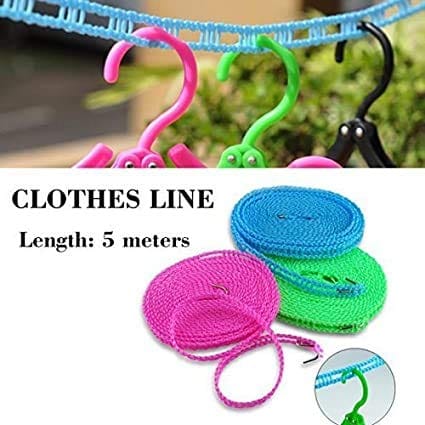 5m Windproof Anti-Slip Clothes Washing Line Drying Rope with Hooks – Multicolor