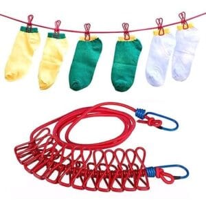 Portable Drying Rope with 12 Clips and 2 Hooks Durable Windproof and Non-Slip Design Outdoor Travel Clothesline Rope Clothes Hanging Hook 2 Meter