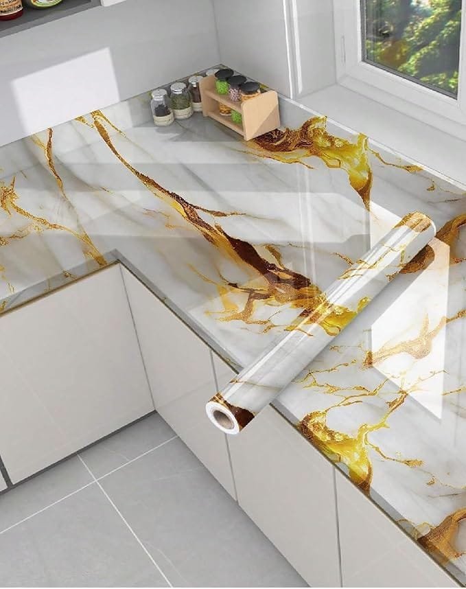 White Golden Marble Foil Wallpaper, Waterproof DIY Sticker for Furniture, Kitchen (60×200 cm)