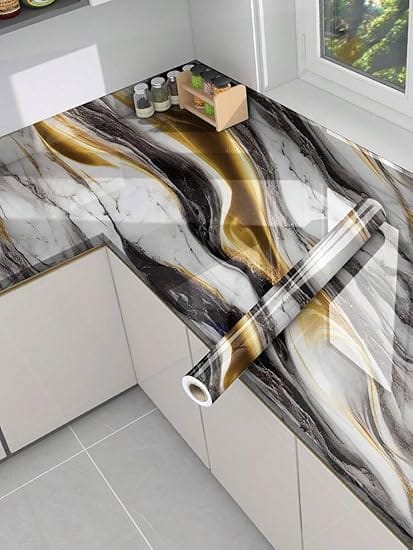 Wall Stickers Oil Proof Heat Resistant Waterproof Marble Wallpaper for Home Furniture, Cabinets,Black and Gold (60×200 cm)