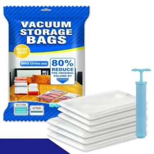 5 Pack Vacuum Compression Storage Bags With Pump,Space Saver Vacuum Sealer Bag for Clothes,Blankets,Pillows,Bedding,Double-Zip Transparent Reusable Vacuum Bag for Travel