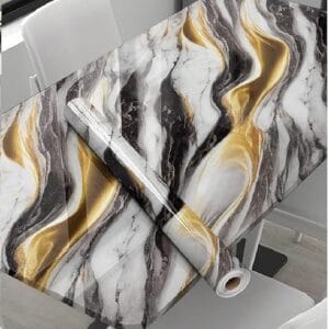 Wall Stickers Oil Proof Heat Resistant Waterproof Marble Wallpaper for Home Furniture, Cabinets,Black and Gold (60×200 cm)