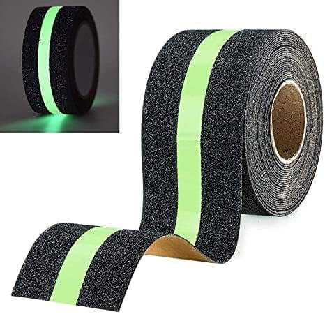 Anti Slip Traction Tape with Glow in Dark Green Stripe, Best Grip, Adhesive for Stairs, Tread Step, Indoor and Outdoor, Black & Green