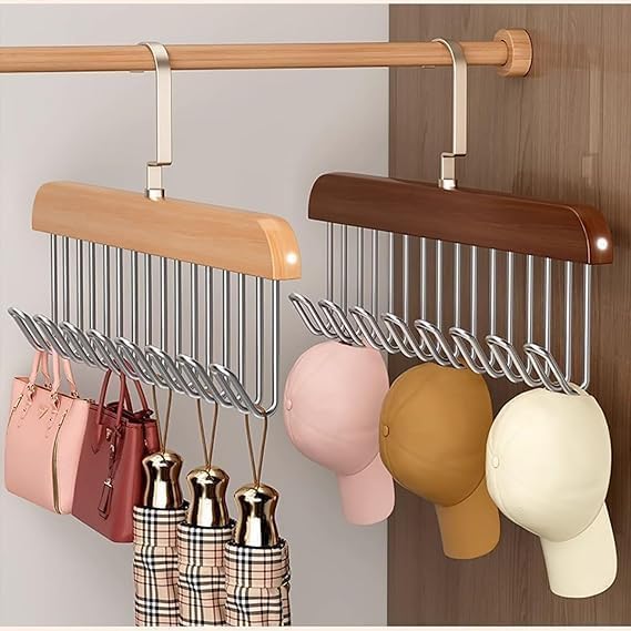Wooden Hanger, Multipurpose Adjustable 8 Hooks Closet Wooden Hanger for, Belt, Scarf, Tie, Garments (Pack of 1)