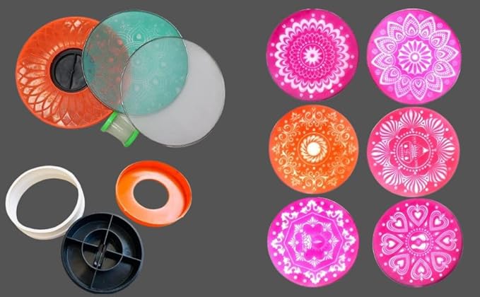 Magic Rangoli Box with 4-Inch Printed and Plain Jalis, Filter, and Set for Creative Art