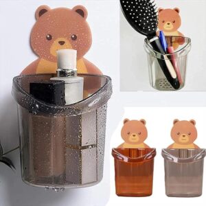 Teddy Bear Toothbrush Holder Wall-Mounted, Cute Bear Storage Cup, Plastic Toothbrush Holder