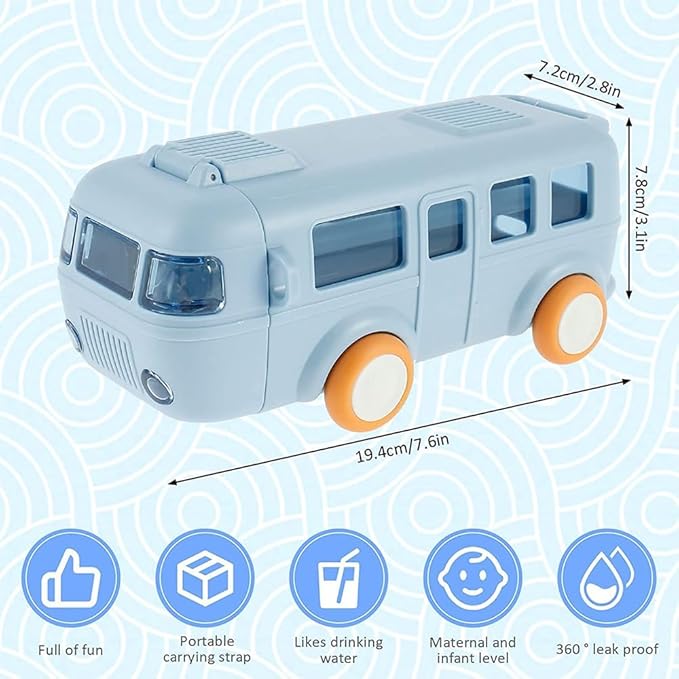 Bus Water Bottle for Kids,16oz Car Water Cup with Straw and Strap -Leakproof Plastic Drinking Jug with Movable Wheels for Girls School Sports Camping Picnic Hiking Travel