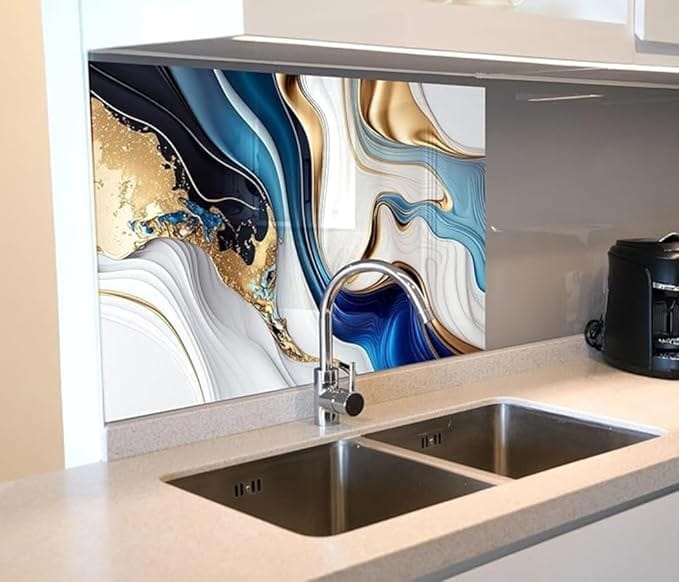 Wall Stickers Oil Proof Heat Resistant Waterproof Marble Wallpaper for Home Furniture, Cabinets,Blue and Gold (60×200 cm)