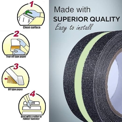 Anti Slip Traction Tape with Glow in Dark Green Stripe, Best Grip, Adhesive for Stairs, Tread Step, Indoor and Outdoor, Black & Green
