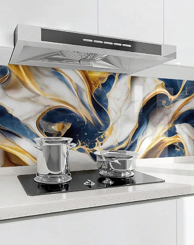 Wall Stickers Oil Proof Heat Resistant Waterproof Marble Wallpaper for Home Furniture, Cabinets,Blue and Gold (60×200 cm)