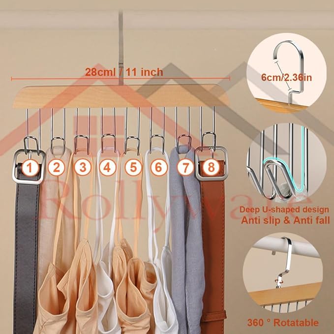 Wooden Hanger, Multipurpose Adjustable 8 Hooks Closet Wooden Hanger for, Belt, Scarf, Tie, Garments (Pack of 1)
