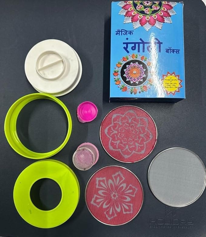 Magic Rangoli Box with 4-Inch Printed and Plain Jalis, Filter, and Set for Creative Art