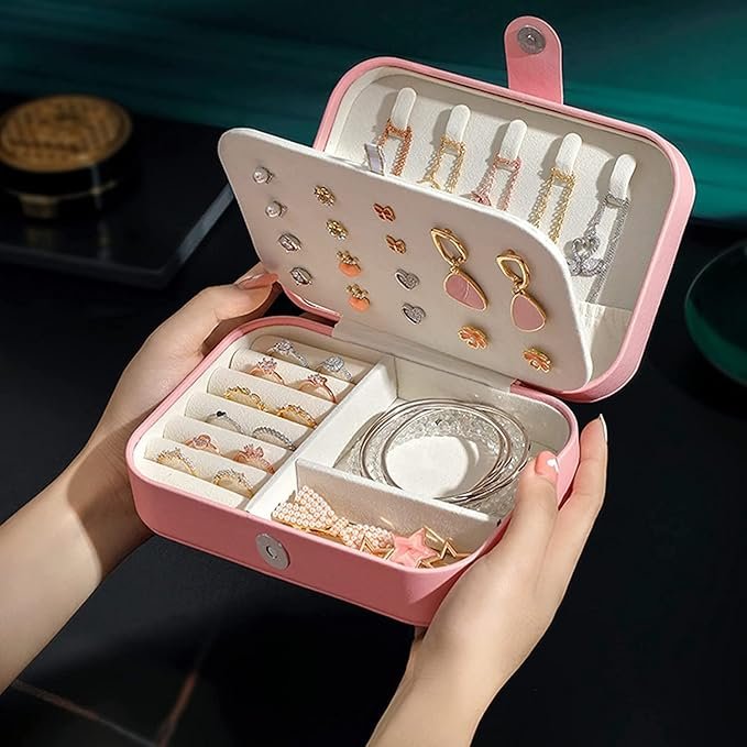 Leather Jewellery Box for Womens & Girls, Travel Jewellery Organizer Box for Ring, Pendant, Earrings
