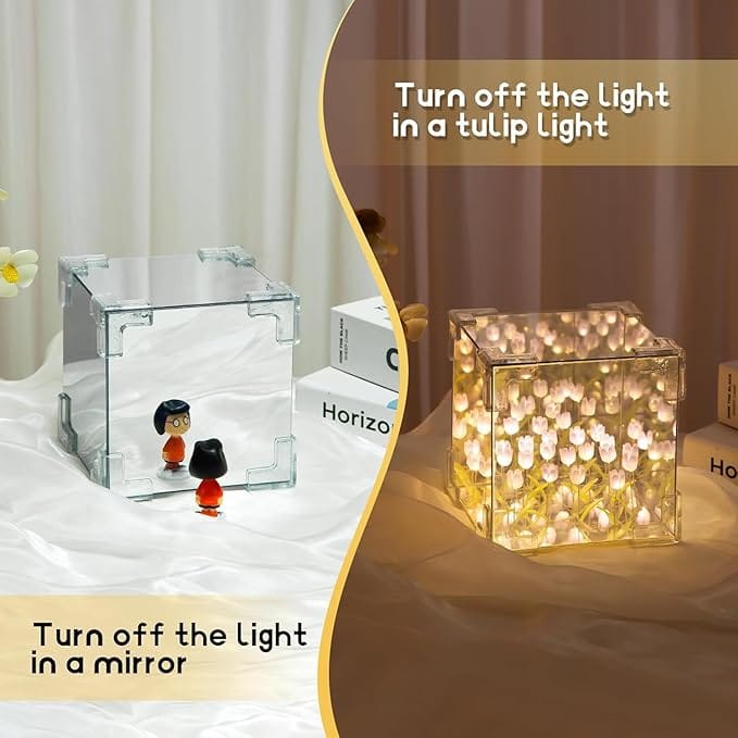 Tulip Cube Mirror Lamp, 30 Flowers LED Decorative Lamp, 2 in 1 Mirror & Table Ornaments for Bedroom
