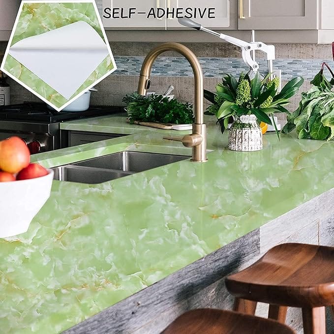 Green Marble Wall Stickers Oil Proof Heat Resistant Waterproof Wallpaper for Home Furniture, Cabinets, (60×200 cm)