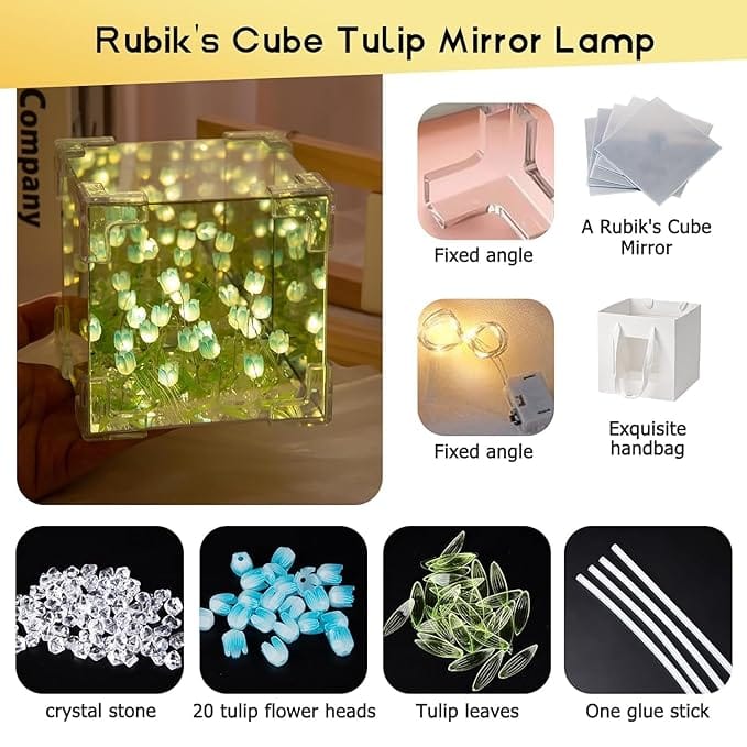 Tulip Cube Mirror Lamp, 30 Flowers LED Decorative Lamp, 2 in 1 Mirror & Table Ornaments for Bedroom