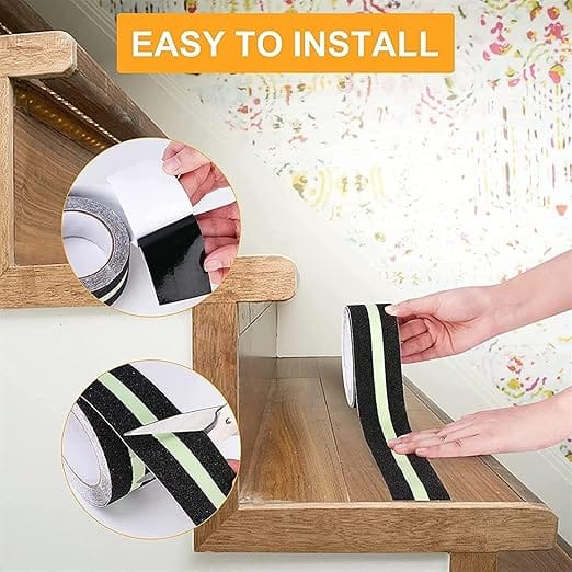 Anti Slip Traction Tape with Glow in Dark Green Stripe, Best Grip, Adhesive for Stairs, Tread Step, Indoor and Outdoor, Black & Green