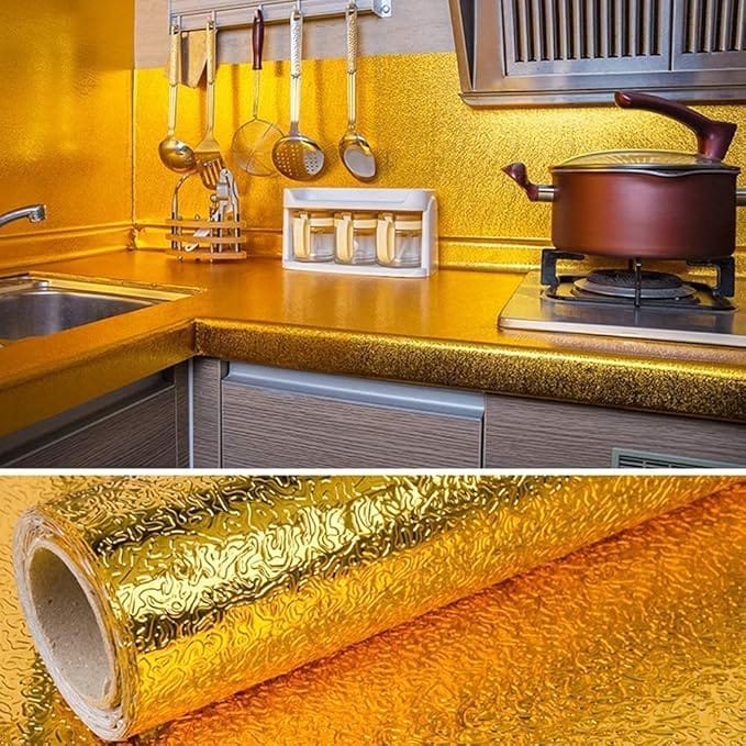 Golden karkari Marble Aluminum Foil Kitchen Stickers Oil-Proof Waterproof Self Adhesive Wallpaper