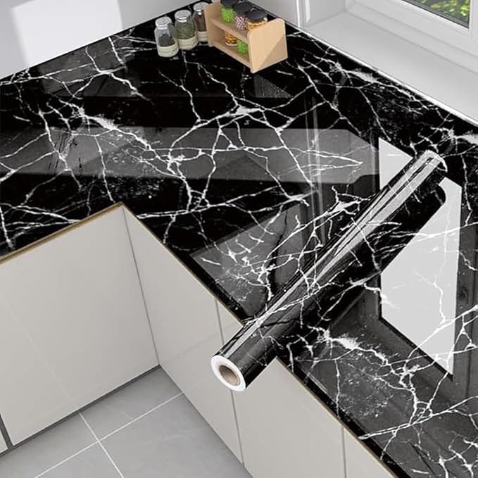 Black Marble Sticker For Kitchen Countertops Waterproof Black Marble Wallpaper Self Adhesive(Size 60 * 200 Cms) (Set of 1)