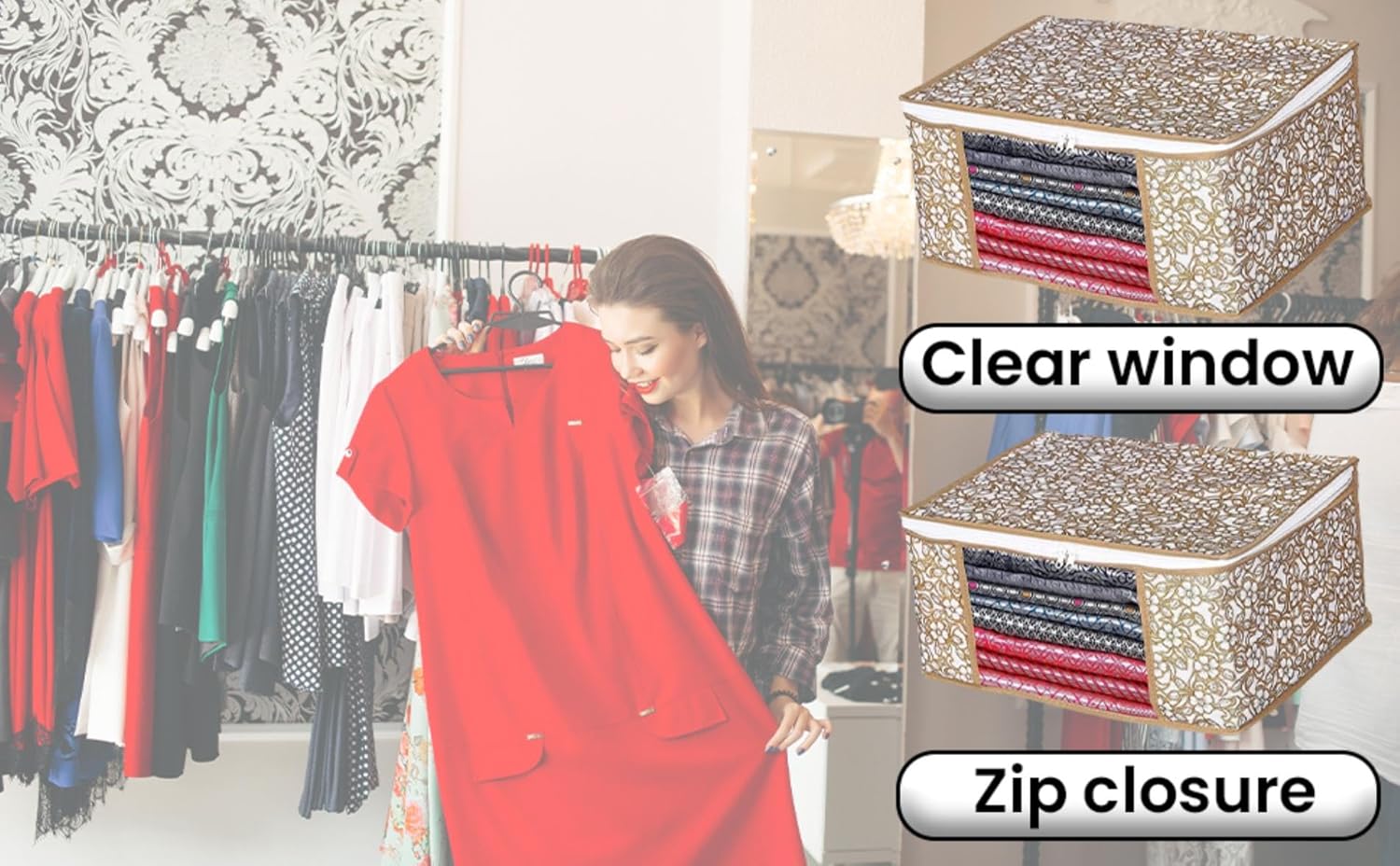 Printed Fabric Saree Cover | Clothes Organiser | Transparent Window Cover | Cover Bag for Saree, Blanket, Garments, Toys, Books Suit, Dress, Traveling