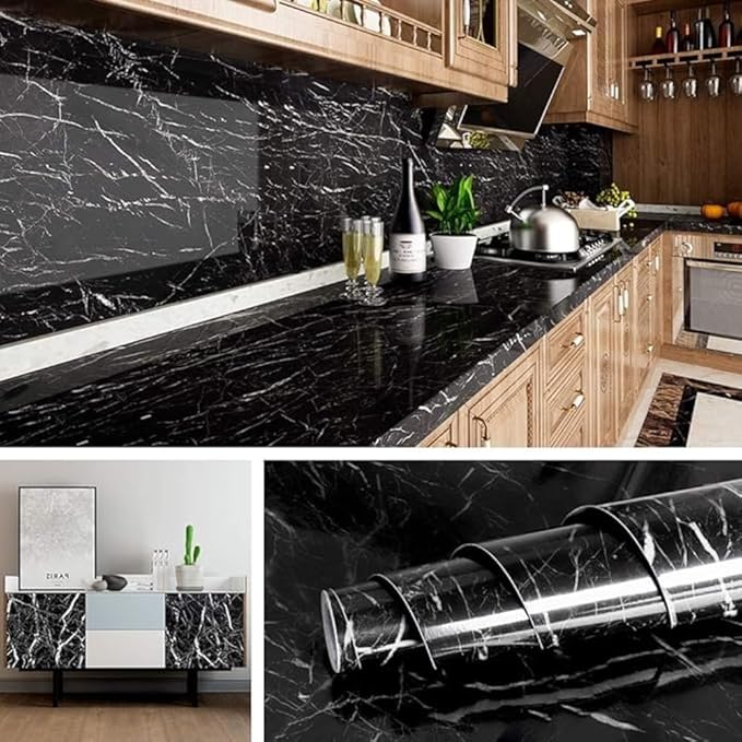 Black Marble Sticker For Kitchen Countertops Waterproof Black Marble Wallpaper Self Adhesive(Size 60 * 200 Cms) (Set of 1)