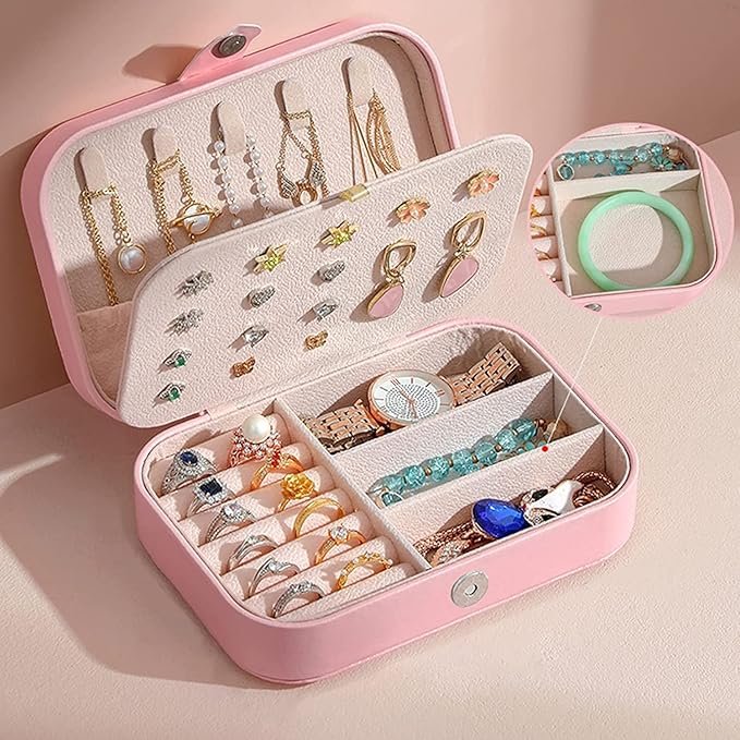 Leather Jewellery Box for Womens & Girls, Travel Jewellery Organizer Box for Ring, Pendant, Earrings