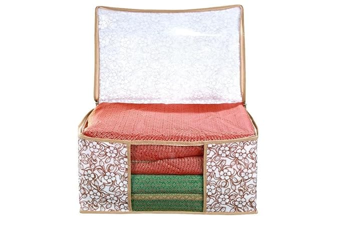Printed Fabric Saree Cover | Clothes Organiser | Transparent Window Cover | Cover Bag for Saree, Blanket, Garments, Toys, Books Suit, Dress, Traveling