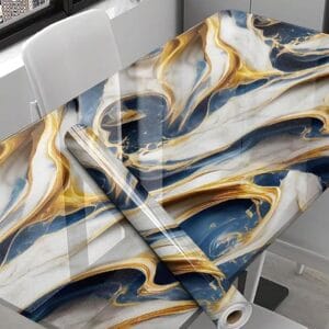 Wall Stickers Oil Proof Heat Resistant Waterproof Marble Wallpaper for Home Furniture, Cabinets,Blue and Gold (60x200 cm)