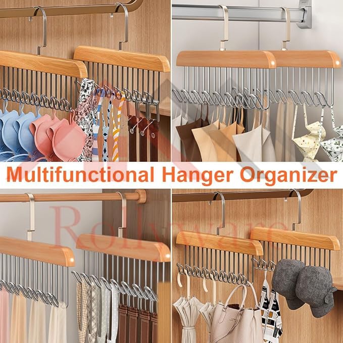 Wooden Hanger, Multipurpose Adjustable 8 Hooks Closet Wooden Hanger for, Belt, Scarf, Tie, Garments (Pack of 1)