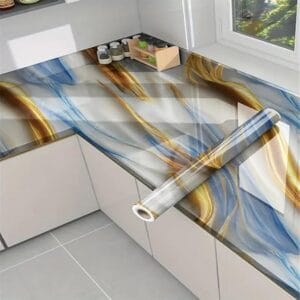 Wall Stickers Oil Proof Heat Resistant Waterproof Marble Wallpaper for Home Furniture, Cabinets,Sky Blue and Ocean Gold (60×200 cm)