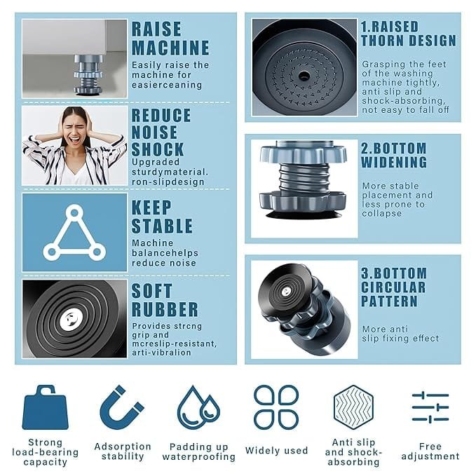Washing Machine Vibration Pads – Adjustable Dryer Shock & Noise Cancelling Pads, Anti Vibration Pads for Washing Machine Support, Height Adjustment Feet for Refrigerators, (4 Pcs Set)