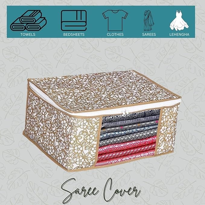 Printed Fabric Saree Cover | Clothes Organiser | Transparent Window Cover | Cover Bag for Saree, Blanket, Garments, Toys, Books Suit, Dress, Traveling