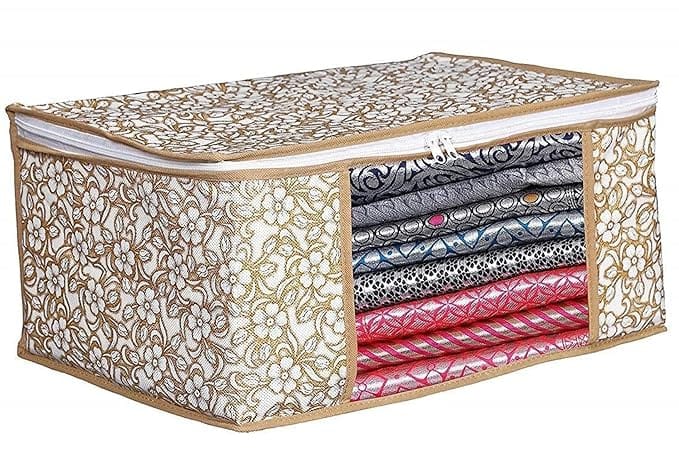 Printed Fabric Saree Cover | Clothes Organiser | Transparent Window Cover | Cover Bag for Saree, Blanket, Garments, Toys, Books Suit, Dress, Traveling