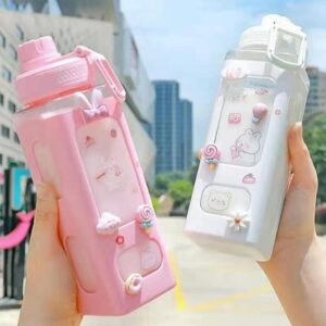 Kawaii Water Bottle with Straw and 3D Stickers Cute Aesthetic Bottle Kawaii Milk Bottle Tea Cup Shaker Portable Silicone