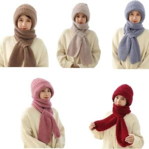 2 in 1 Winter Cap for Women & Girls/Windproof Scarf with Cap Integrated Ear Guard Hat Plus Velvet/Woolen Lovely Muffler Fur Cap
